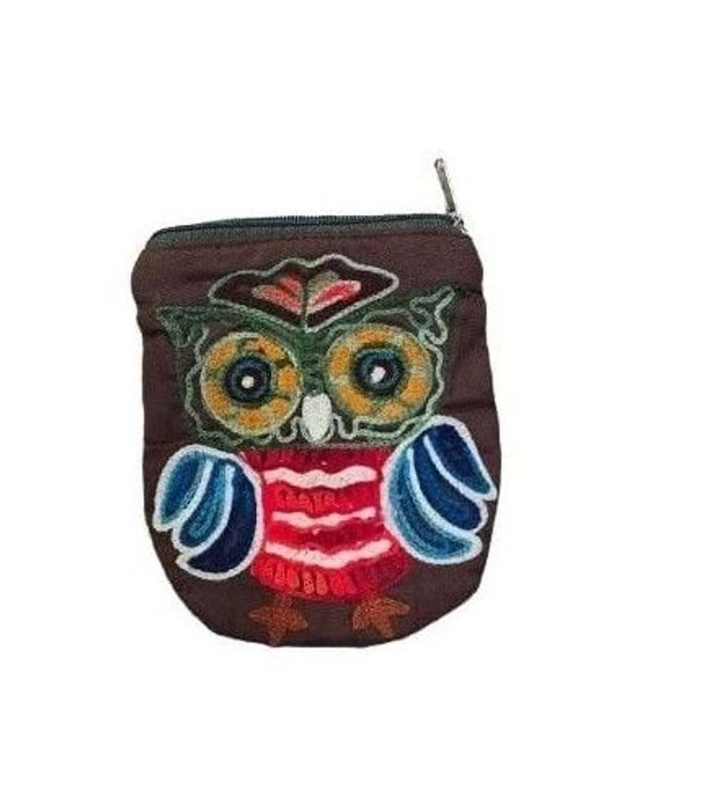 Embroidered Owl Coin Purse Brown Zip Pouch